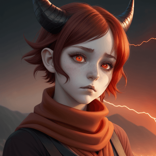 AI generated: Young demon girl, two horns, short horns, curvy horns, dark red hair, short hair, cascade hairstyle,...