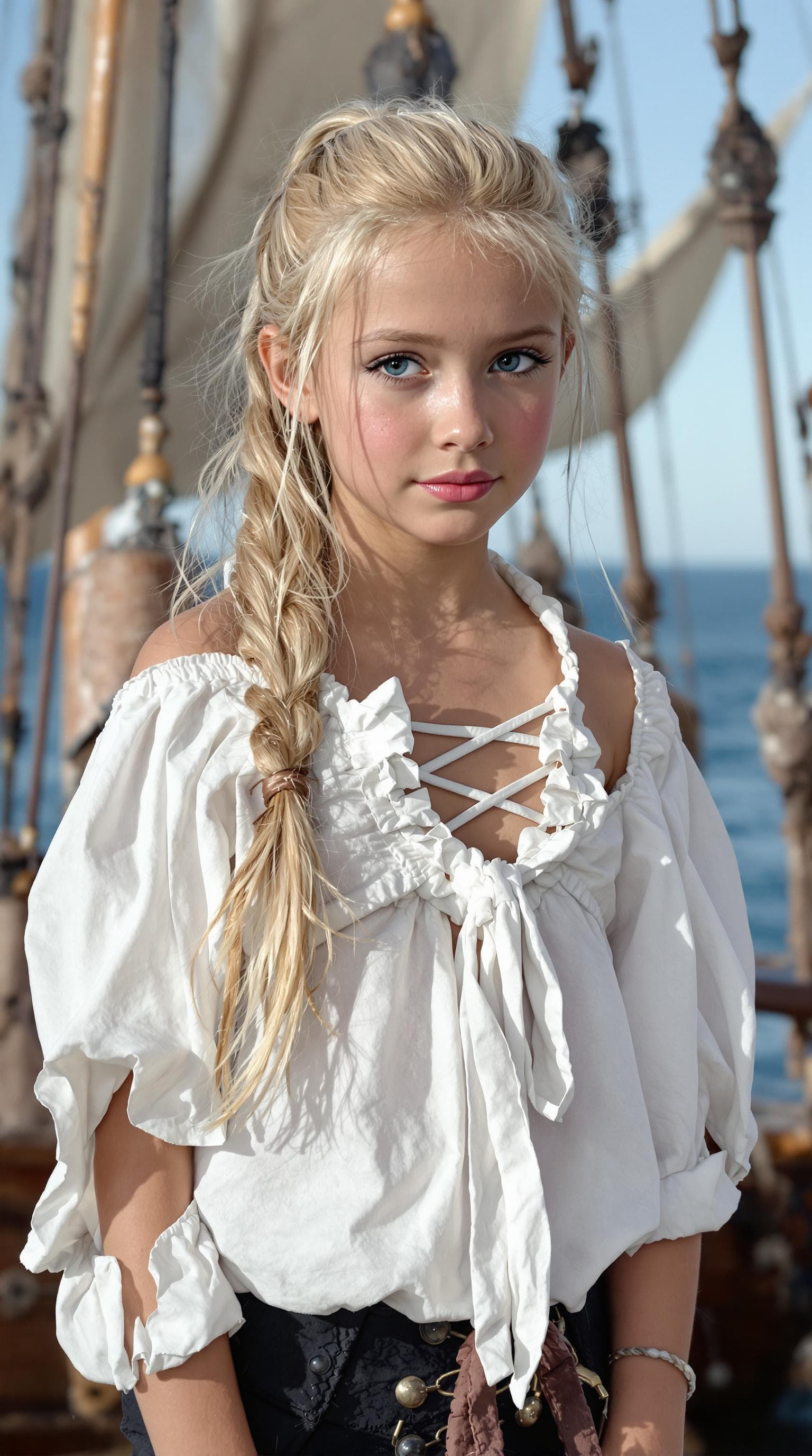 AI generated: a professional photo of a exceptionally beautiful girl aboard pirate ship at sea (age 7), (seven yea...