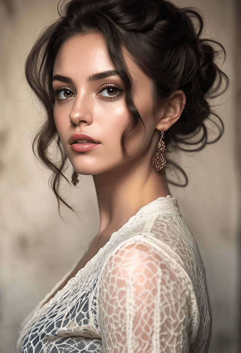 AI generated: A portrait of a woman with a refined updo hairstyle and wavy locks framing her face. Her fair skin i...
