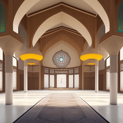 AI generated: realistic interior of a mosque that is designed on modern curve lines just like melon shape. add cha...