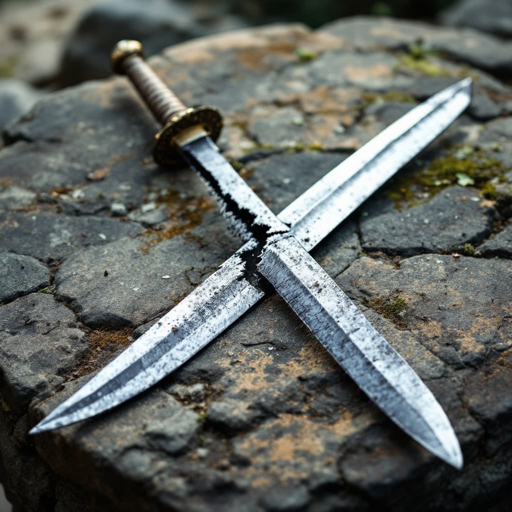 AI generated: A broken sword lying on a stone Buddhist bench, realistic sword broken Midway down the blade laying ...