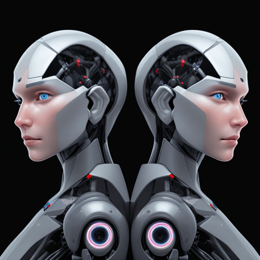 AI generated: Front view of the face of a half-human, half-machine robot with AI, with a side view of an AI-enhanc...