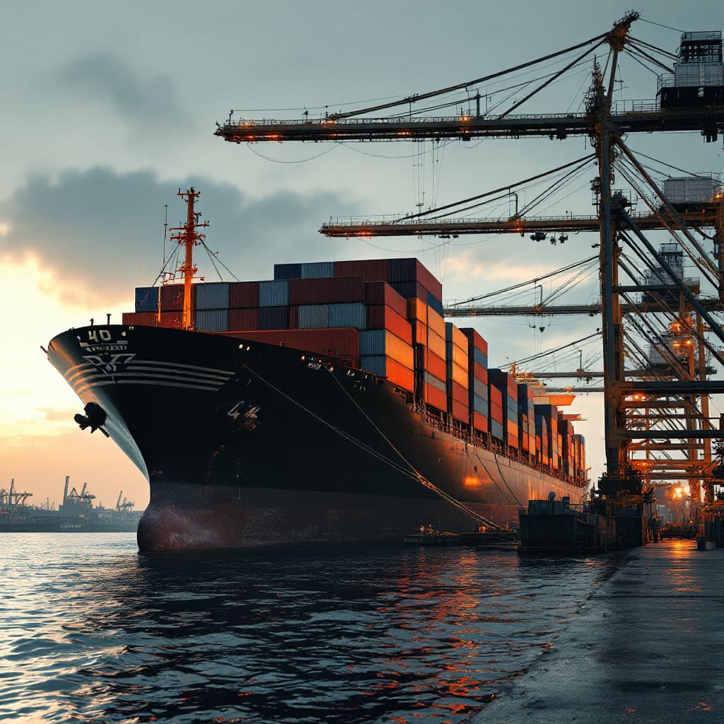 AI generated: A hyper-realistic image of a large container ship in a port, dramatic light, pale sunrise, cinematic...