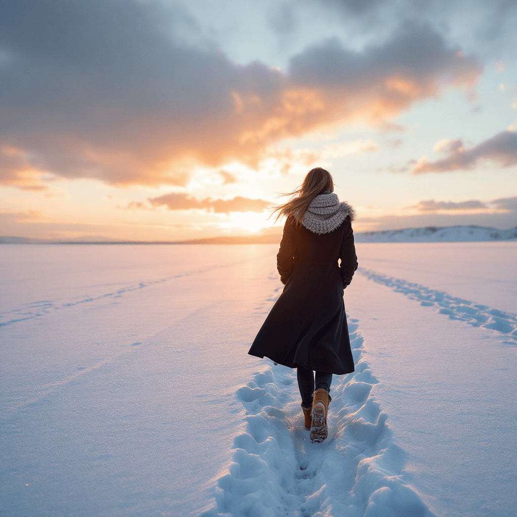 AI generated: "Wide shot of a woman walking through a vast snow-covered landscape during sunset. She wears a long,...