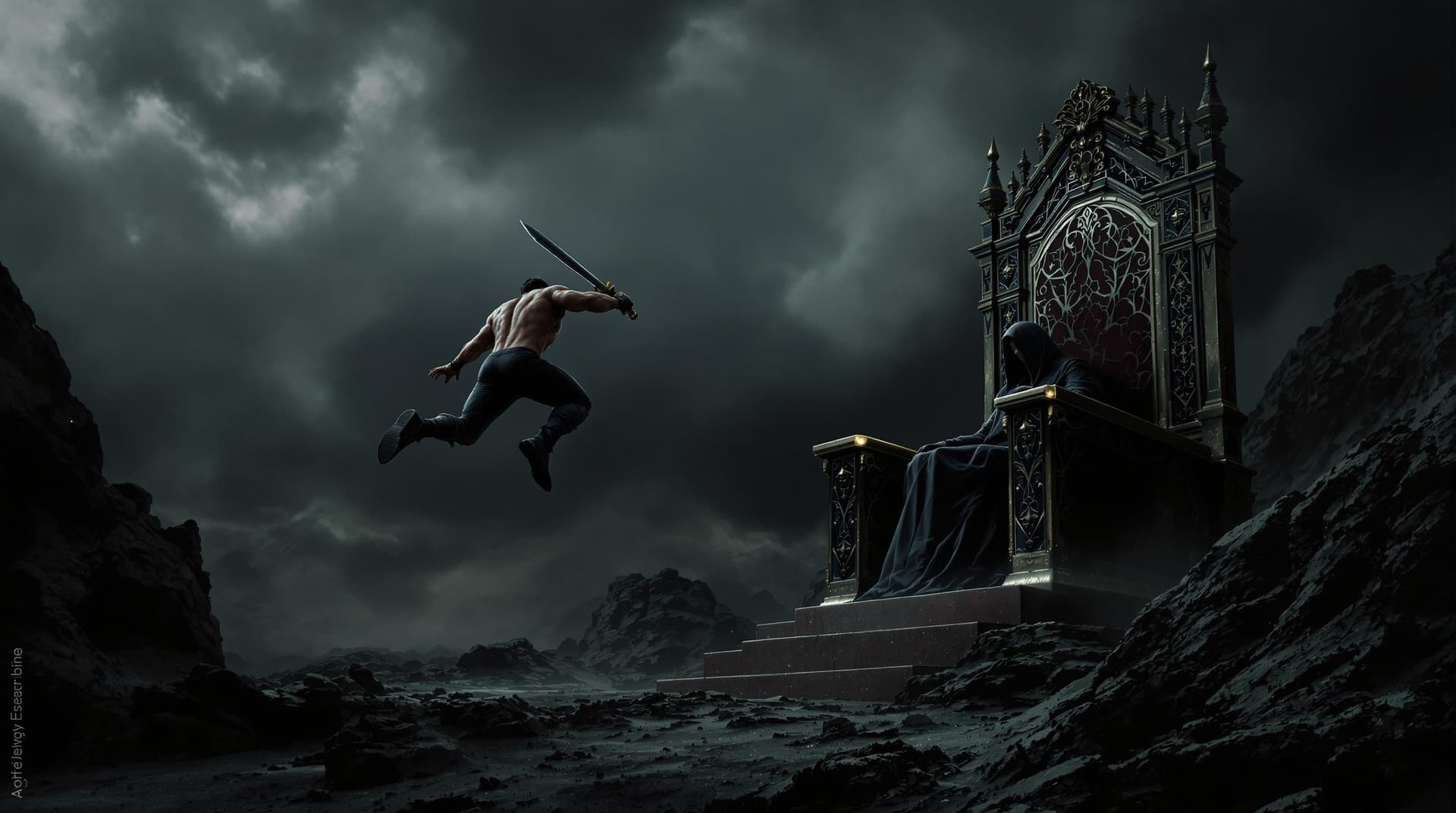 AI generated: The image depicts a dramatic scene set in a stark, almost cinematic landscape. A muscular figure, po...