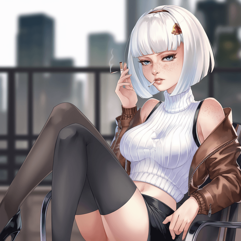 AI generated: anime, woman, white hair, bob cut, blue eyes, freckles, red lips, white sweater, tight sweater, shor...