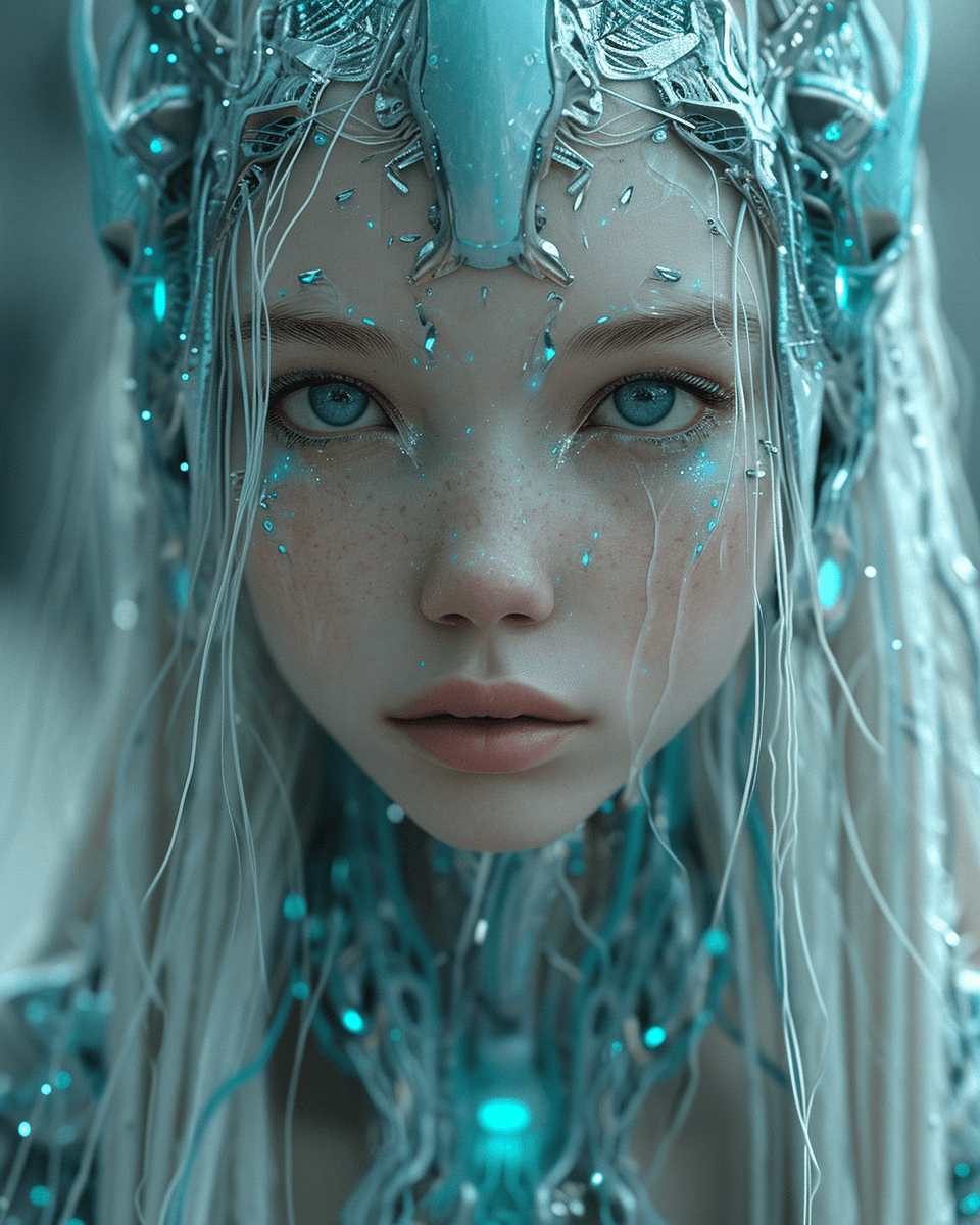 AI generated: Galadriel looks like cyberfemale by mikaa, in the style of light black and cyan, dolly kei, spacecor...
