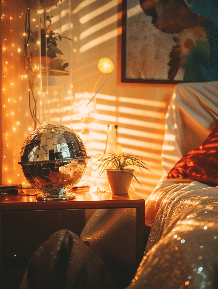 AI generated: disposable photography of disco globe in the cozy room, 8k, photo realism, --ar 3:4