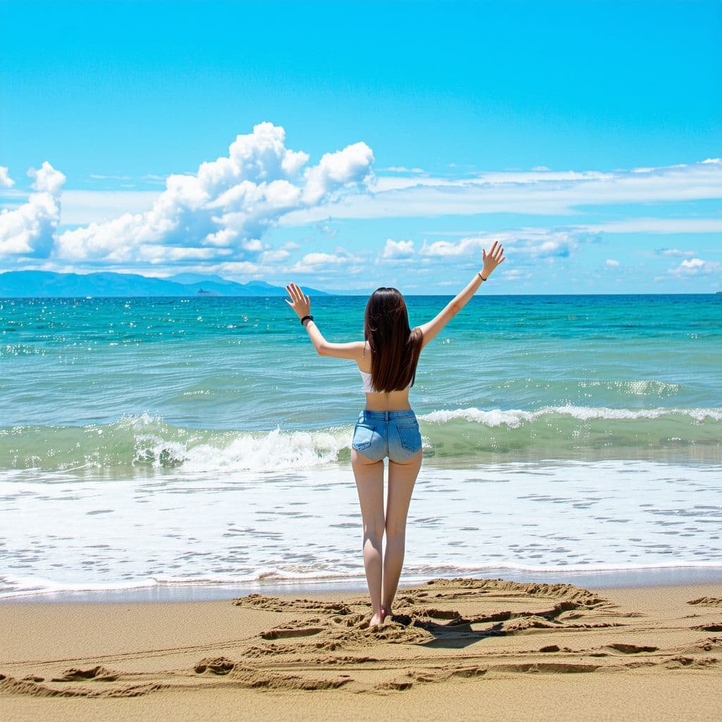 AI generated: Nami waving on the beach