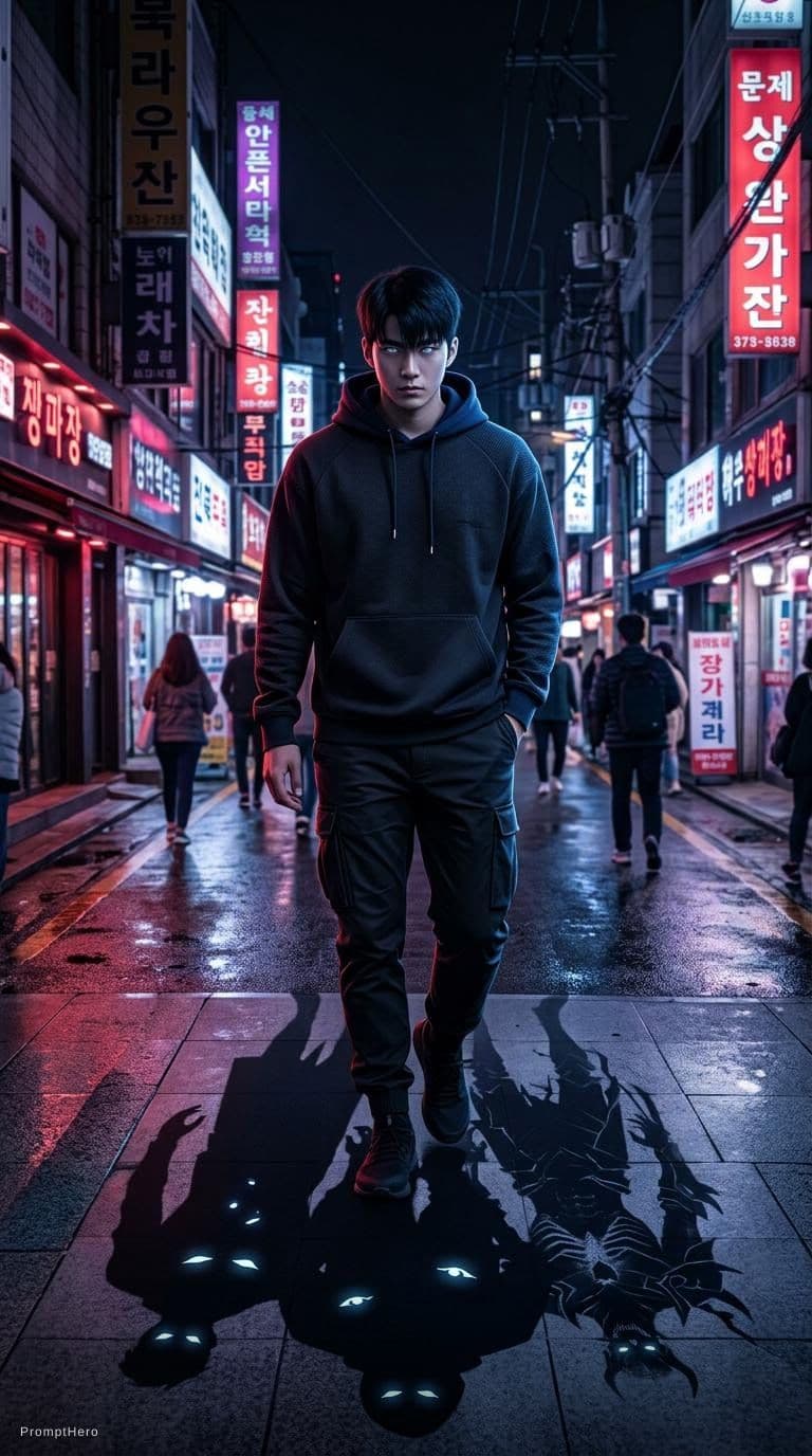 AI generated: A photo-realistic cinematic shot of a young Korean man inspired from Sung Jin-Woo from Solo Leveling...