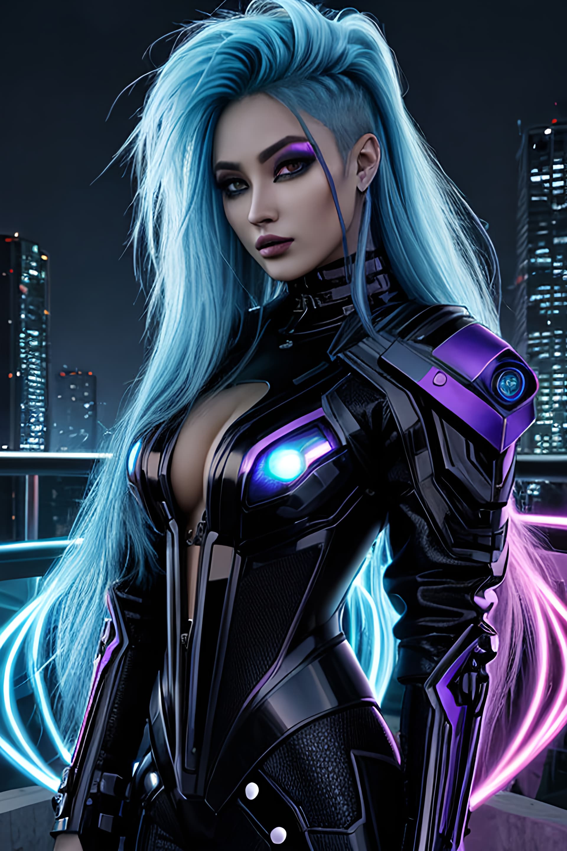 AI generated: A bright vivid chaotic cyberpunk female, makeup, smooth, mesmerizing otherworldly and enigmatic char...
