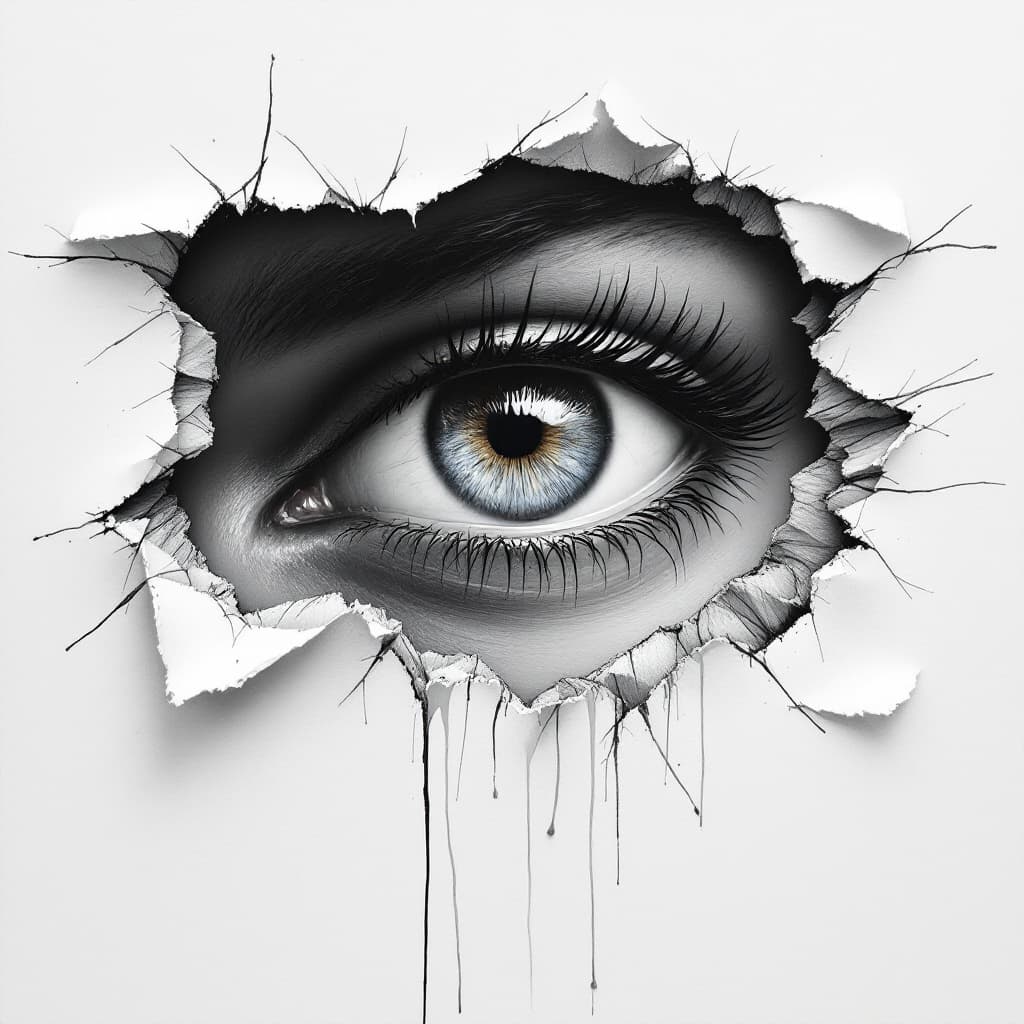 AI generated: Create a hyperrealistic oil painting on a clean black canvas, featuring an eye peeking through a rip...