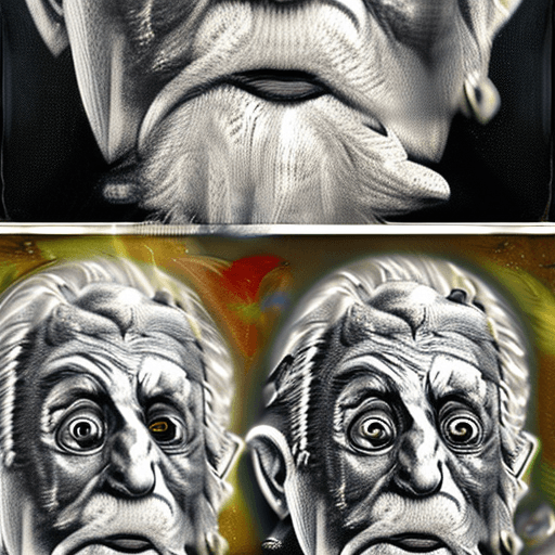 AI generated: Very old frightened and scared grandpa with fear in eyes, mad sky hallucination by Mundford, baroque...