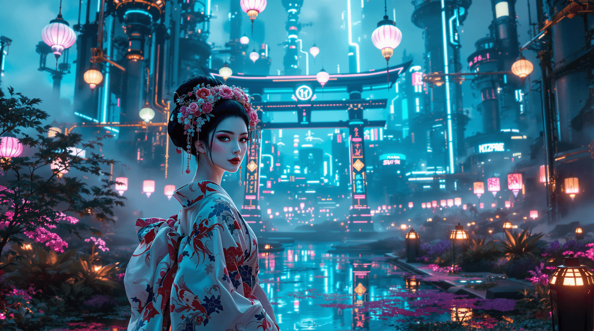 AI generated: A **strikingly elegant Geisha** stands at the center of a breathtaking **dystopian oasis**, a surrea...