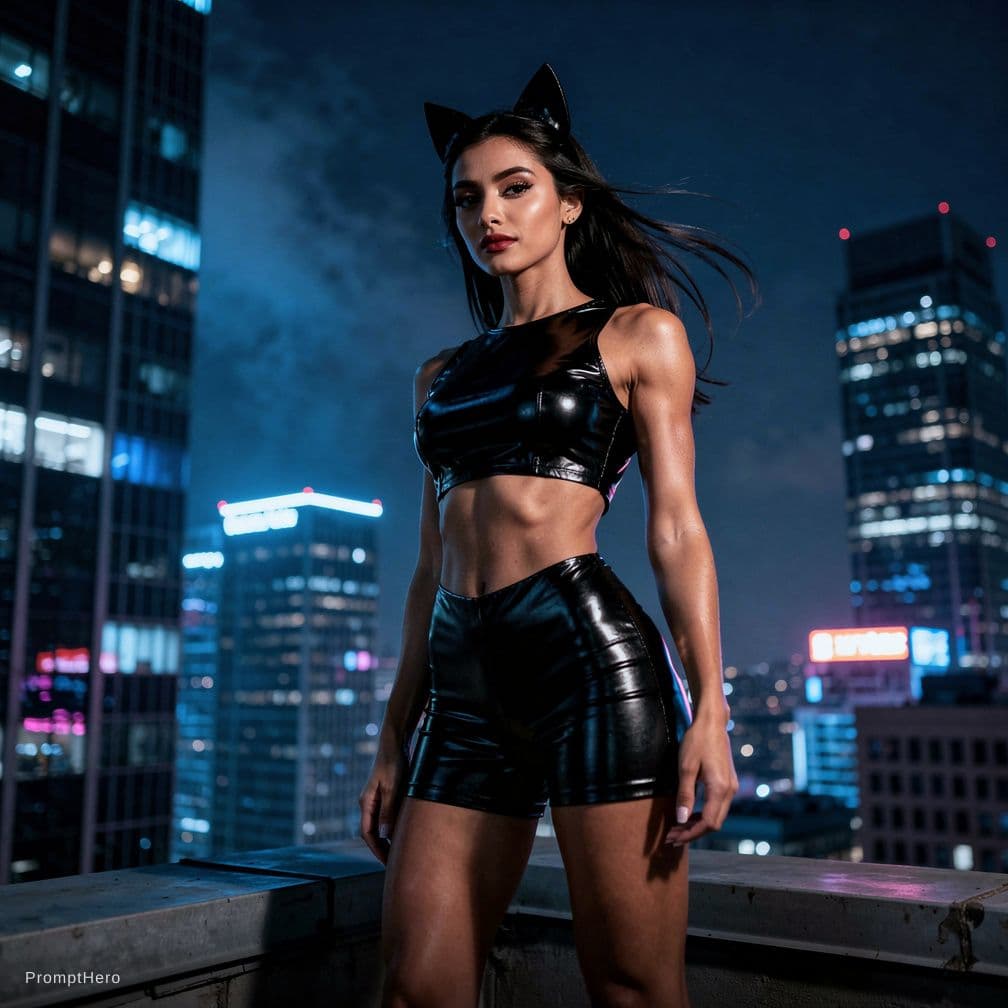 AI generated: A beautiful woman, light dark skin, cat ears, black sport latex short, black latex sport top, full h...