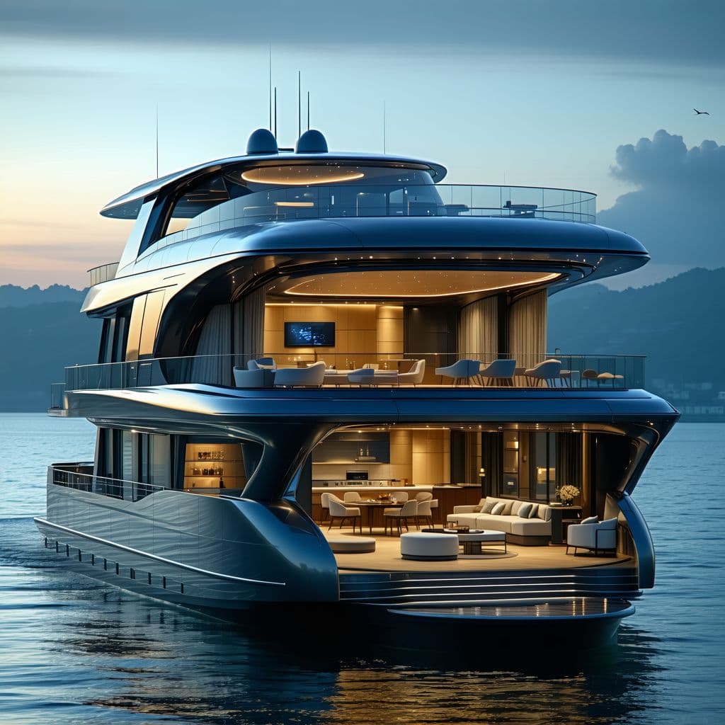 AI generated: Create a futuristic 75-foot houseboat design with large open windows showcasing a luxurious interior...