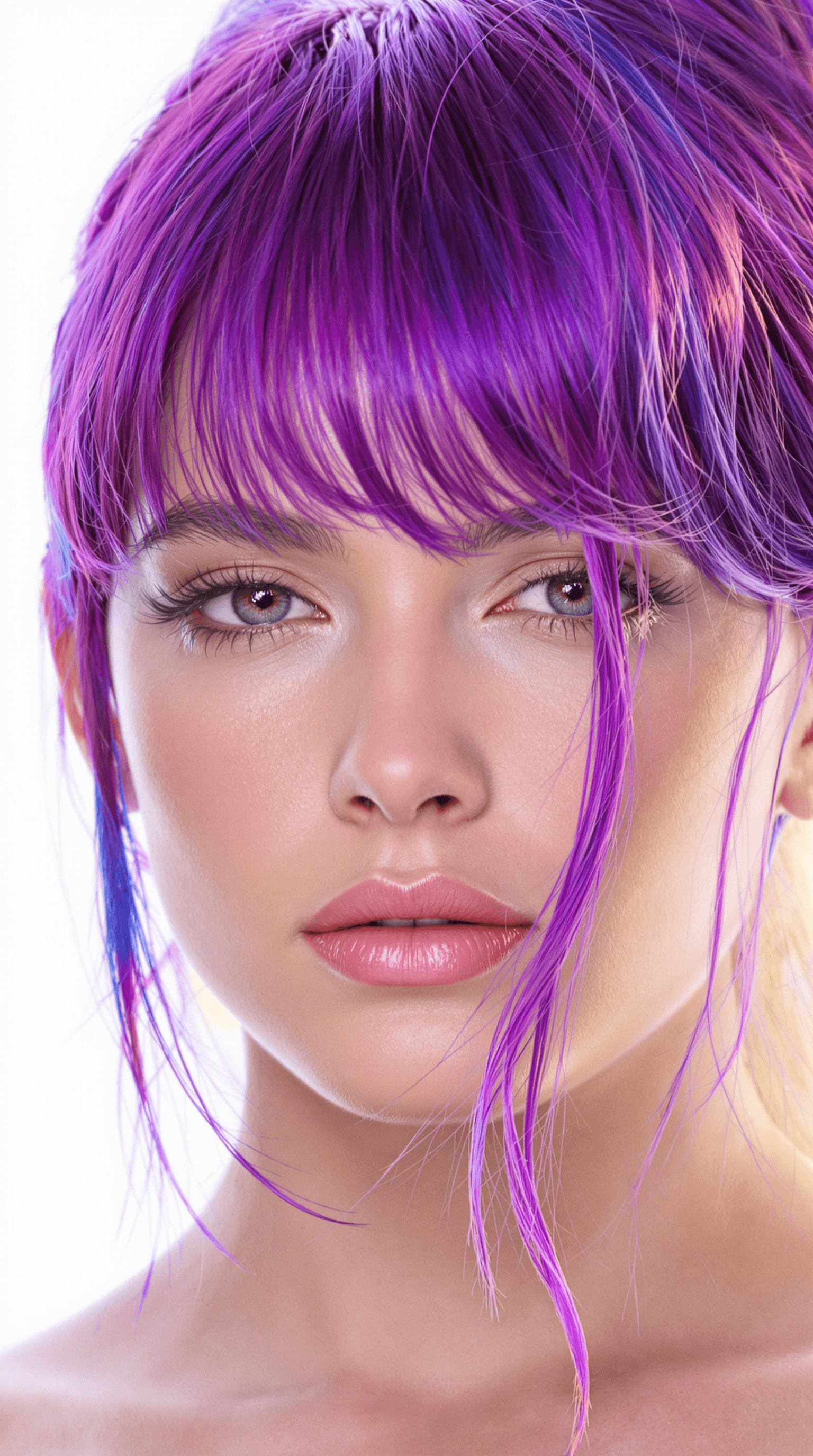AI generated: A close-up portrait of a woman with vibrant purple hair, captured in ultra-realistic 8K resolution u...