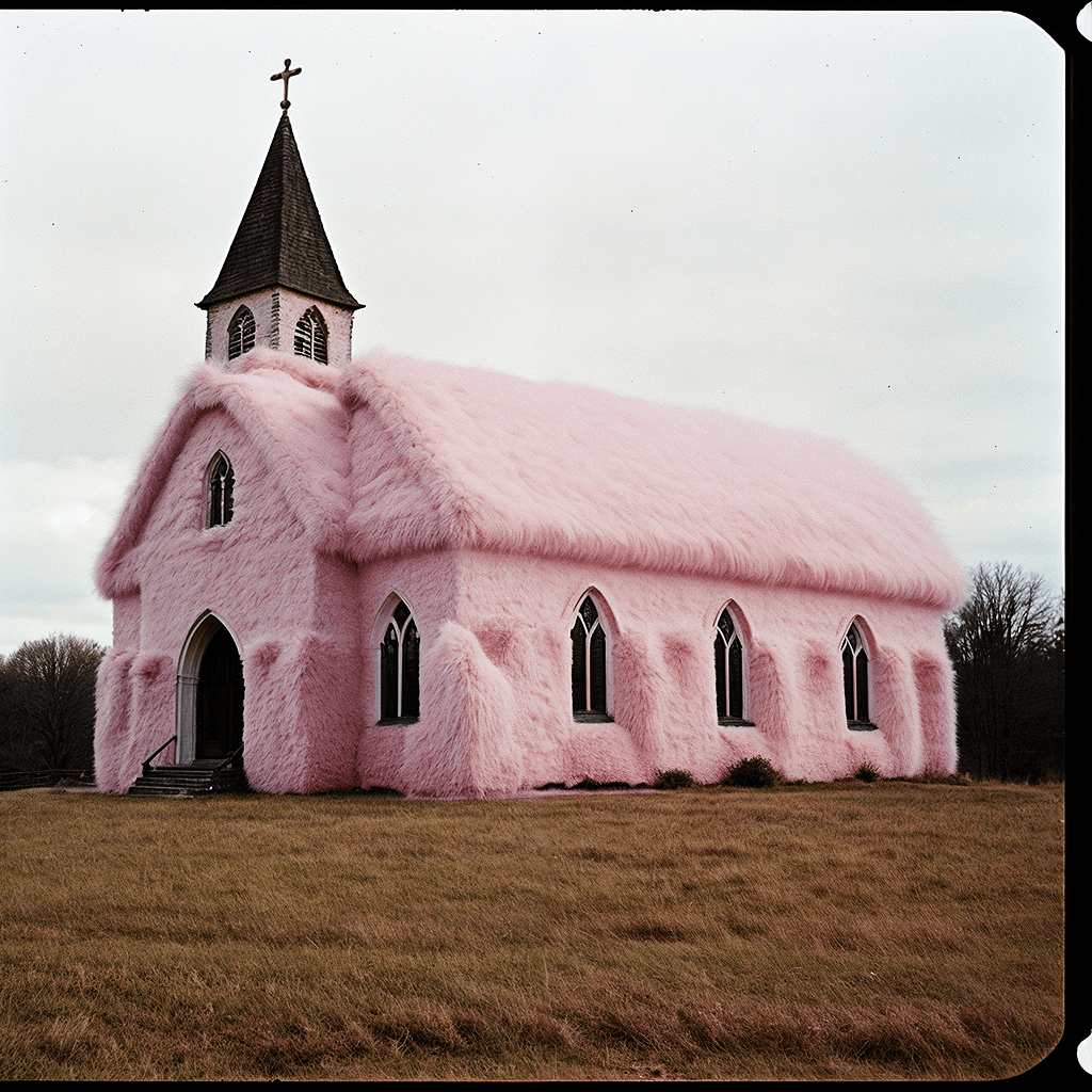 AI generated: (made of pink fluffy fur a building, surrounded by grass field, a church pink fur), (1971, stylishly...