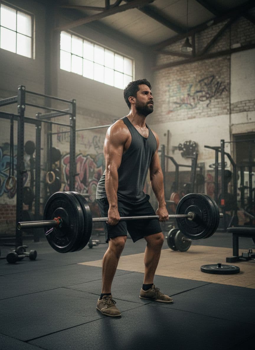 AI generated: Foto realista de un hombre levantando pesas en un gimnasio industrial, músculos tensos, sudor visibl...
