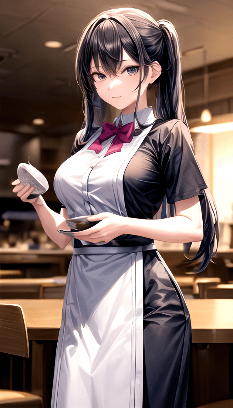 AI generated: An anime girl waiter working at a restaurant, waiter, standing, cooking in background, indoors, rest...