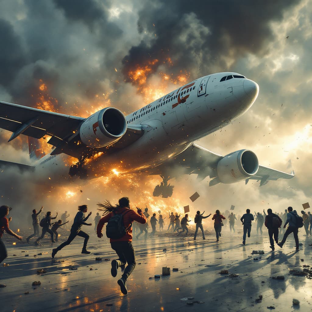 AI generated: an aircraft crashing against the floor, people running in panic