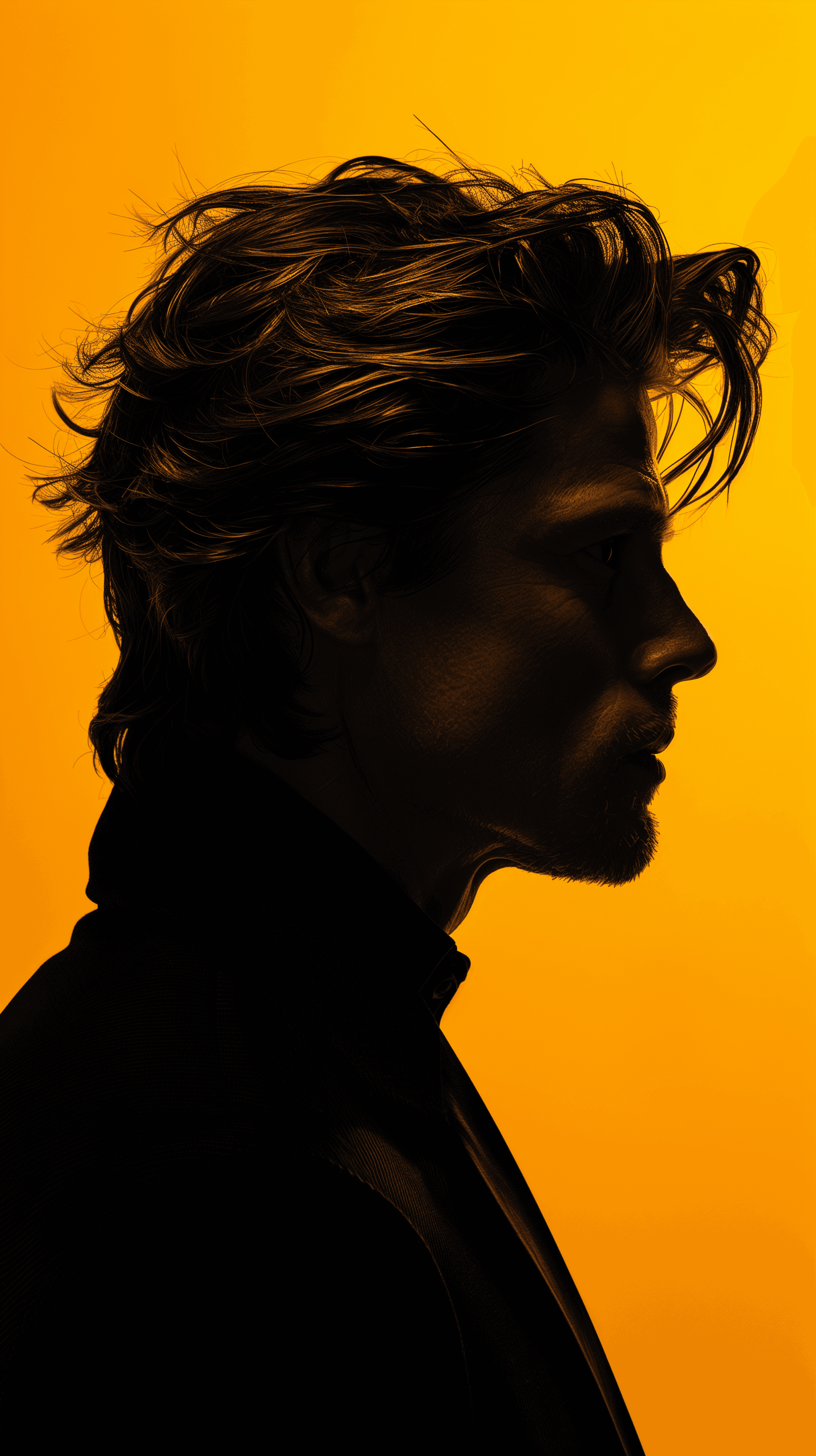 AI generated: photography, portrait of contrast, profile silhouette of a man, vibrant yellow backdrop, visualize u...