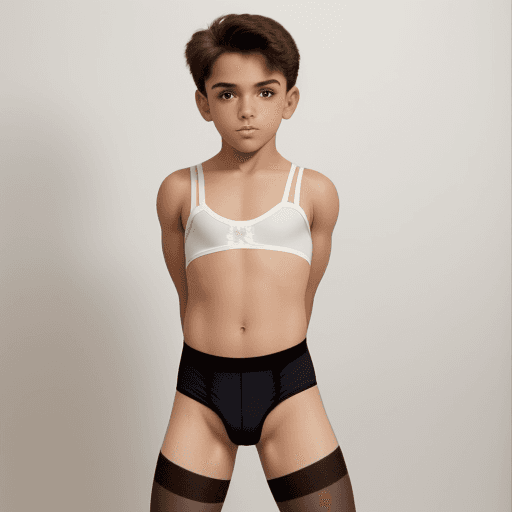 AI generated: Flat-chested boy wearing a 1990s bodybriefer girdle over pantyhose. his pantyhose are off-black.  hi...