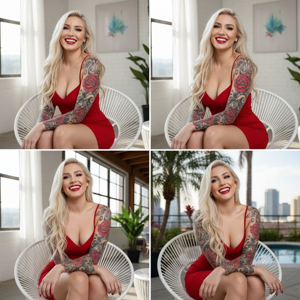 AI generated: FOUR DIFFERENT, high-resolution, photorealistic image of a stunning WHITE AMERICAN WOMAN, seated on ...