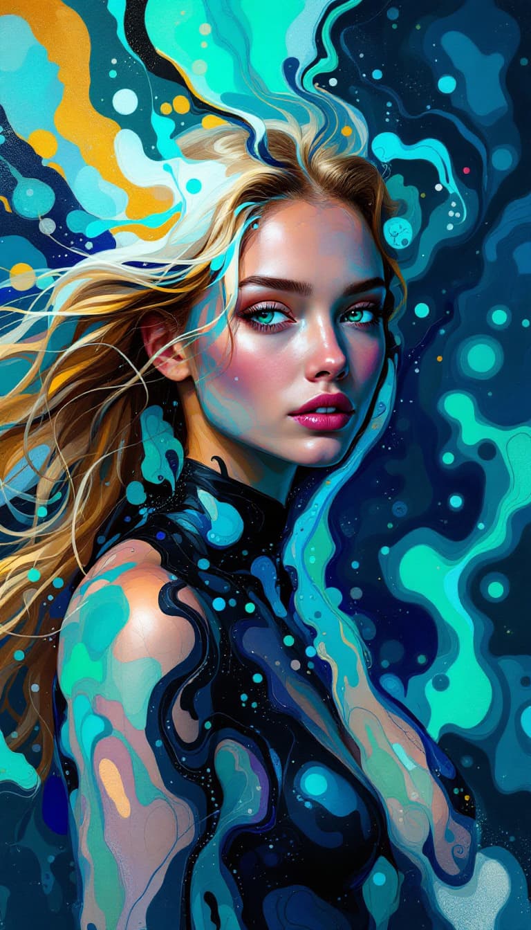 AI generated: "Oceanic Diver in Fluid Forms": A mesmerizing abstract painting presents the spirit of a 22-year-old...