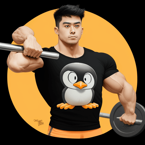 AI generated: logo, cartoon, penguin with abs lifting a barbell, not a human, ripped black t-shirt, light orange f...