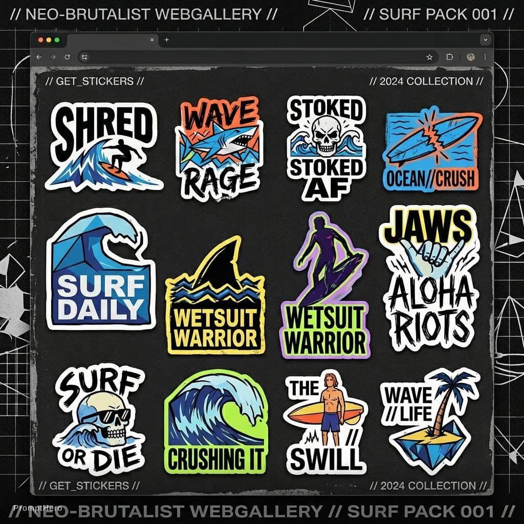 AI generated: Neo brutalist surf-themed sticker pack for in a neo-brutalist website