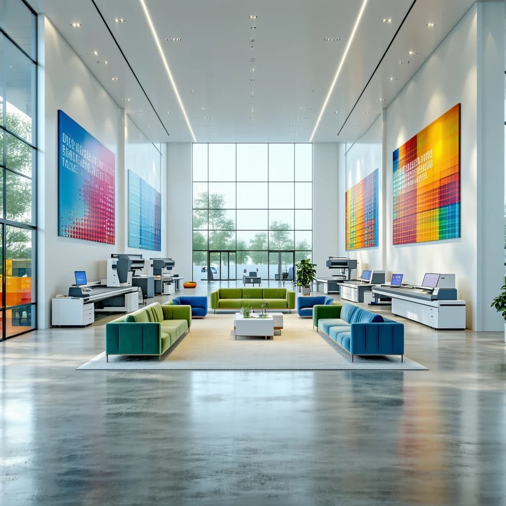 AI generated: A modern, spacious banner printing office in Lagos, Nigeria, with large floor-to-ceiling windows let...