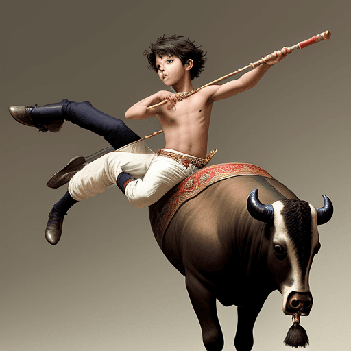 AI generated: A boy riding a bull and playing the flute