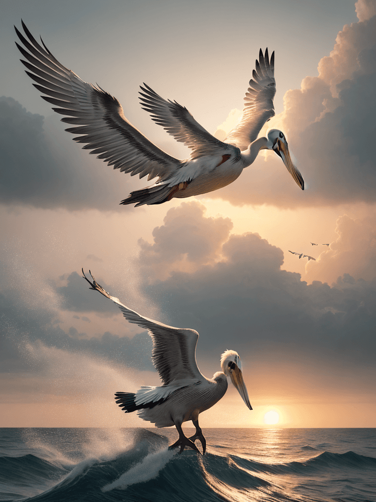 AI generated: Photo of a ultra realistic pelican flying over sea, dramatic light, pale sunrise, cinematic lighting...