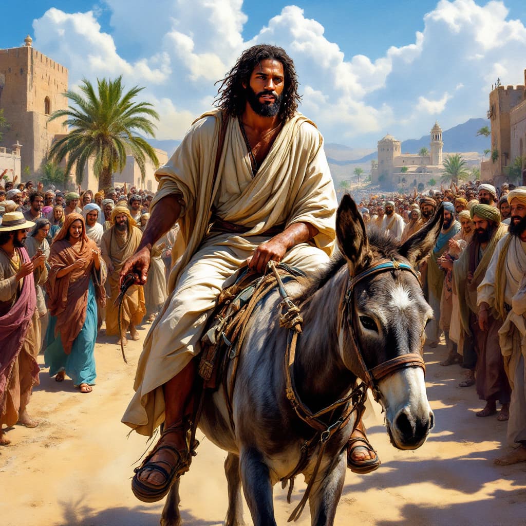 AI generated: a black jesus riding a donkey with its colt side by side on a crowded dirt road of followers surroun...