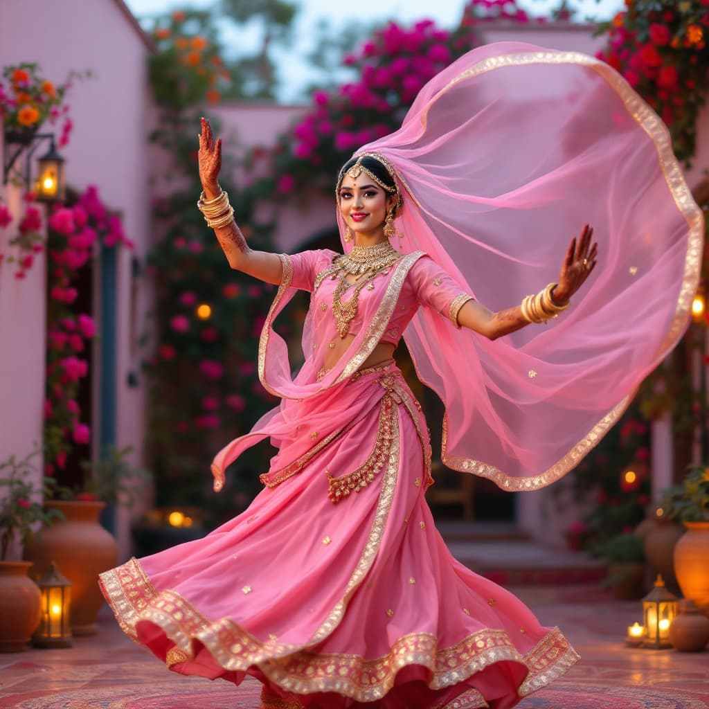 AI generated: "A traditional Rajasthani woman, dressed in a stunning pink lehenga with intricate embroidery and go...