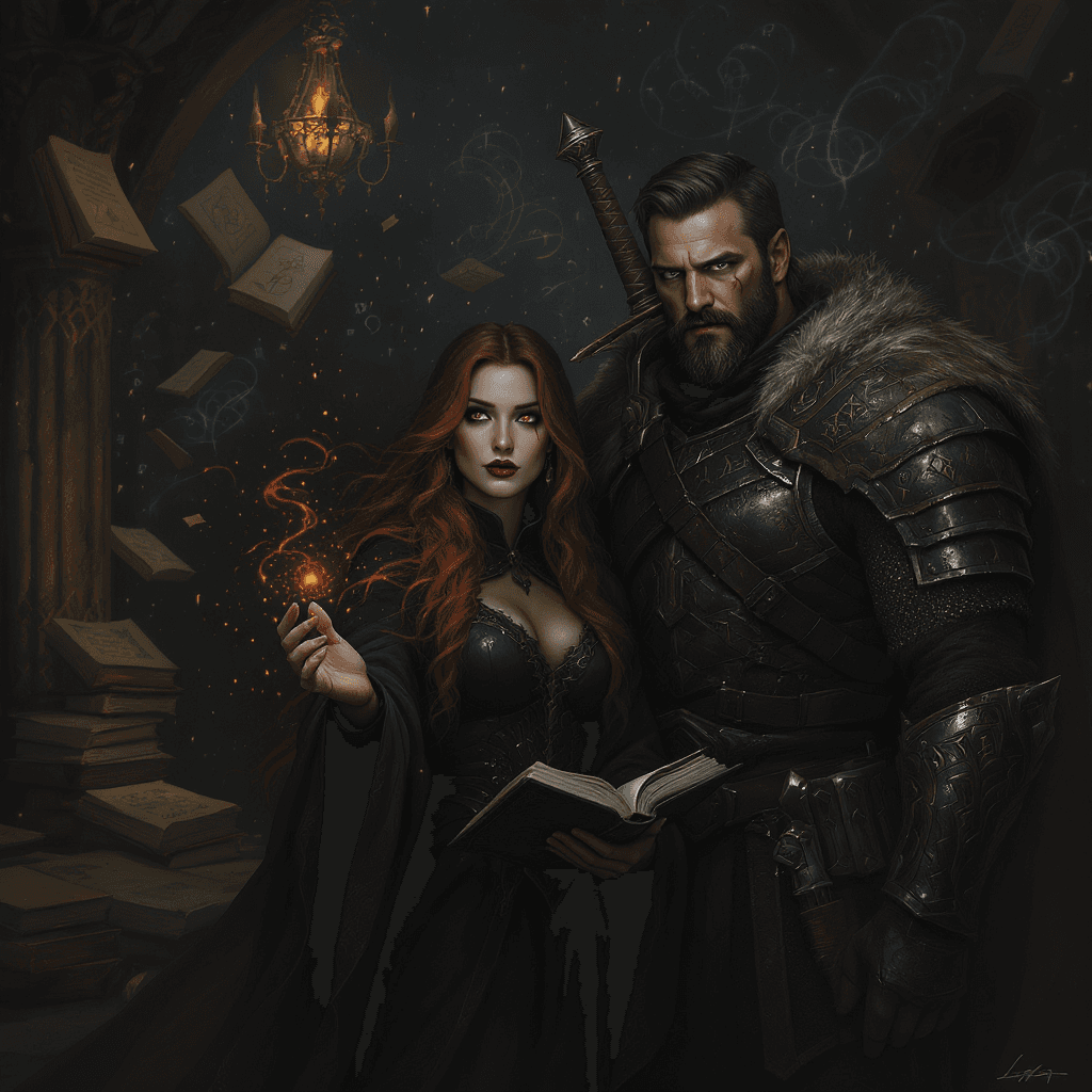 AI generated: A mysterious woman with long, fire red hair and a flowing black robe stands in a forbidden wing of a...