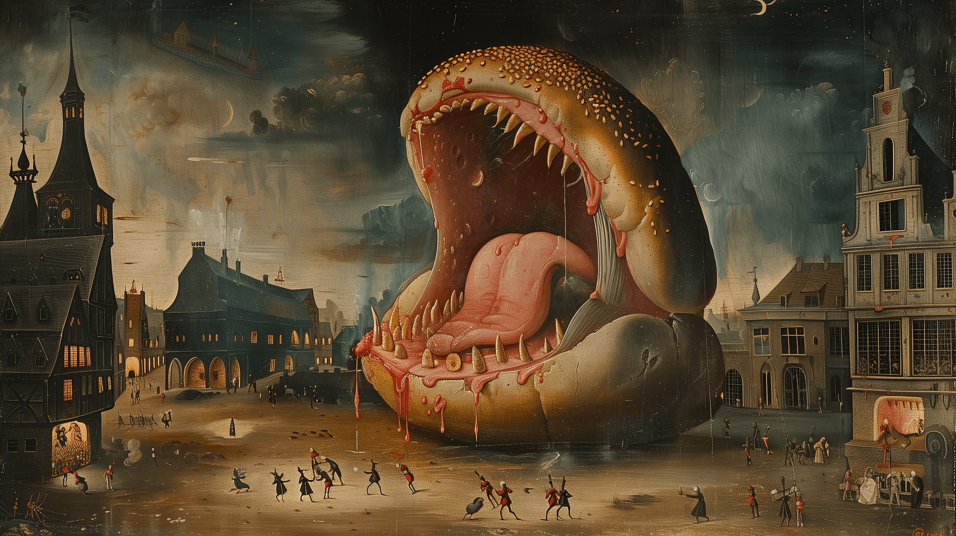 AI generated: Hieronymus Bosch's painting depicting screaming burger --s 200 --c 4 --ar 16:9 --v 6.0 --style raw