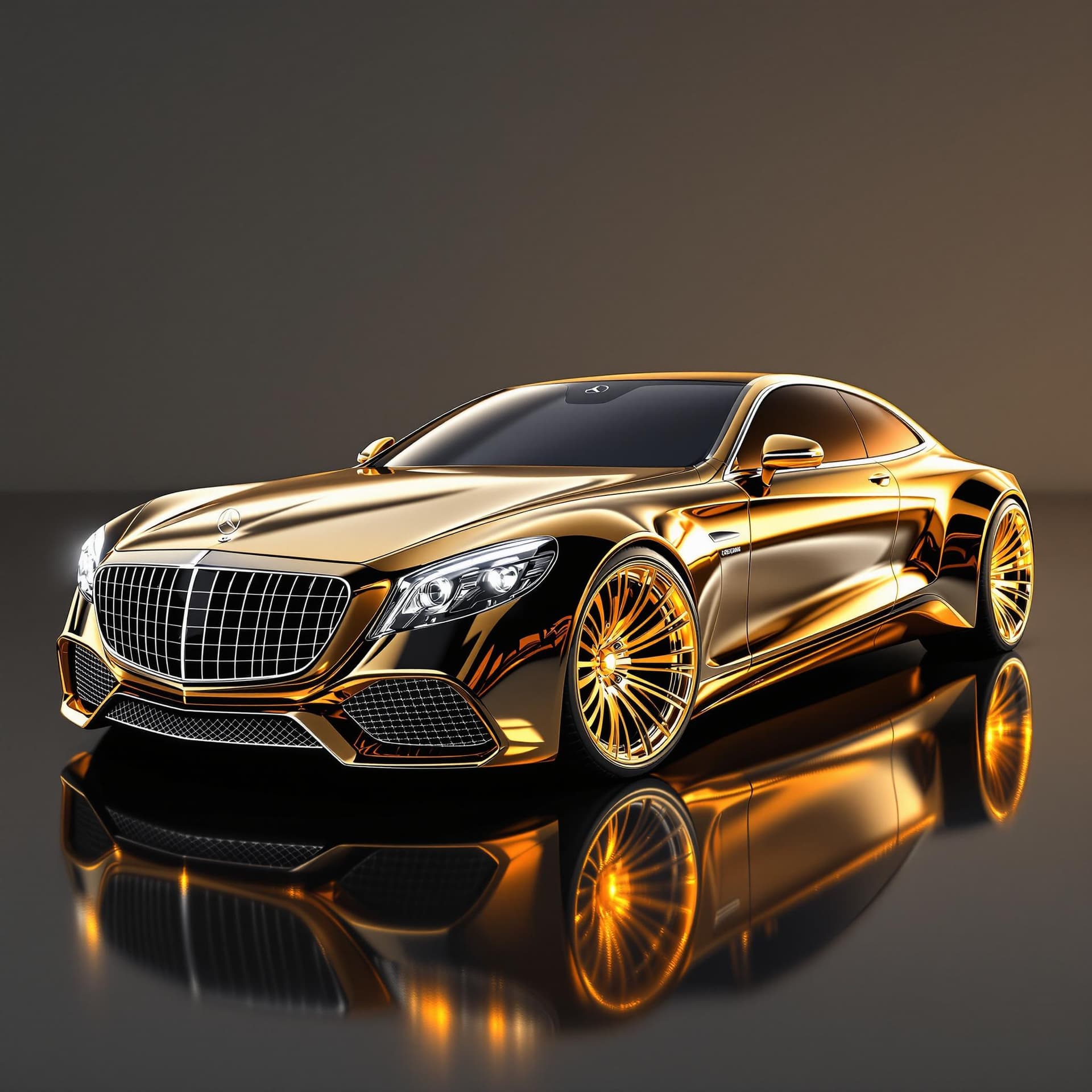 AI generated: Futuristic mercedes maybach 6 in shiny chrome and gold colors with diamond rims, cinematic, hyper re...