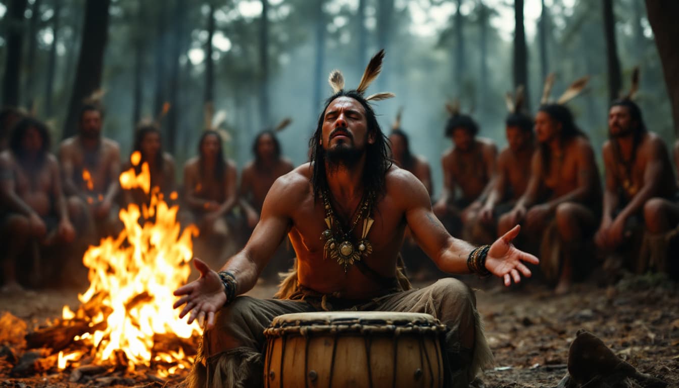 AI generated: long shot: The drummer, seated at the edge of the clearing, plays an intense rhythm. Beads of sweat ...