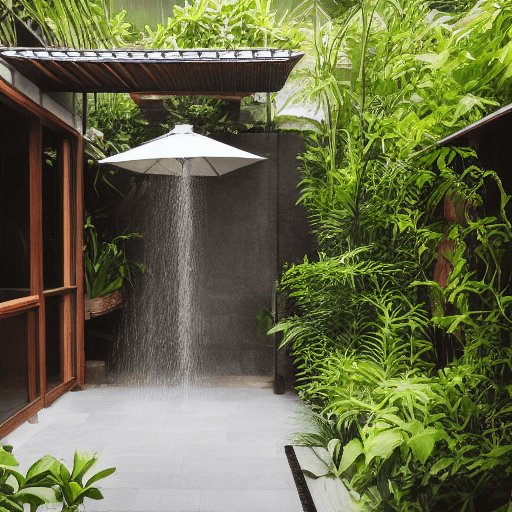 AI generated: High resolution photography of modern enclosed lush balinese garden courtyard with outdoor shower sm...