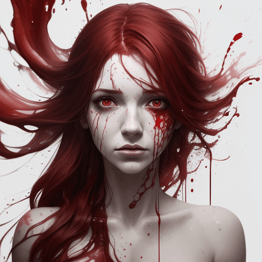 AI generated: A half body portrait of a woman made of blood, half body is submerged in blood, red hair depicting a...