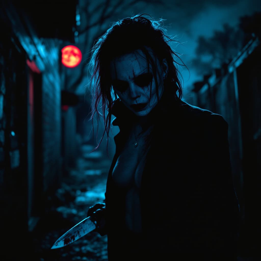 AI generated: Female michael myers, scary, in the alley, dark outside, red moon, knife, revealing outfit