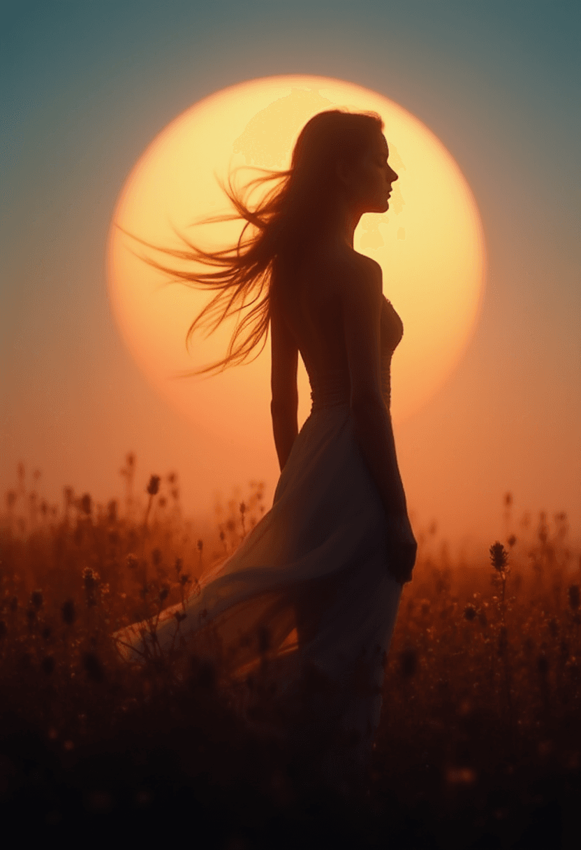 AI generated: A photorealistic depiction of a fit 23yo woman standing in a field at sunset. The woman has long, fl...