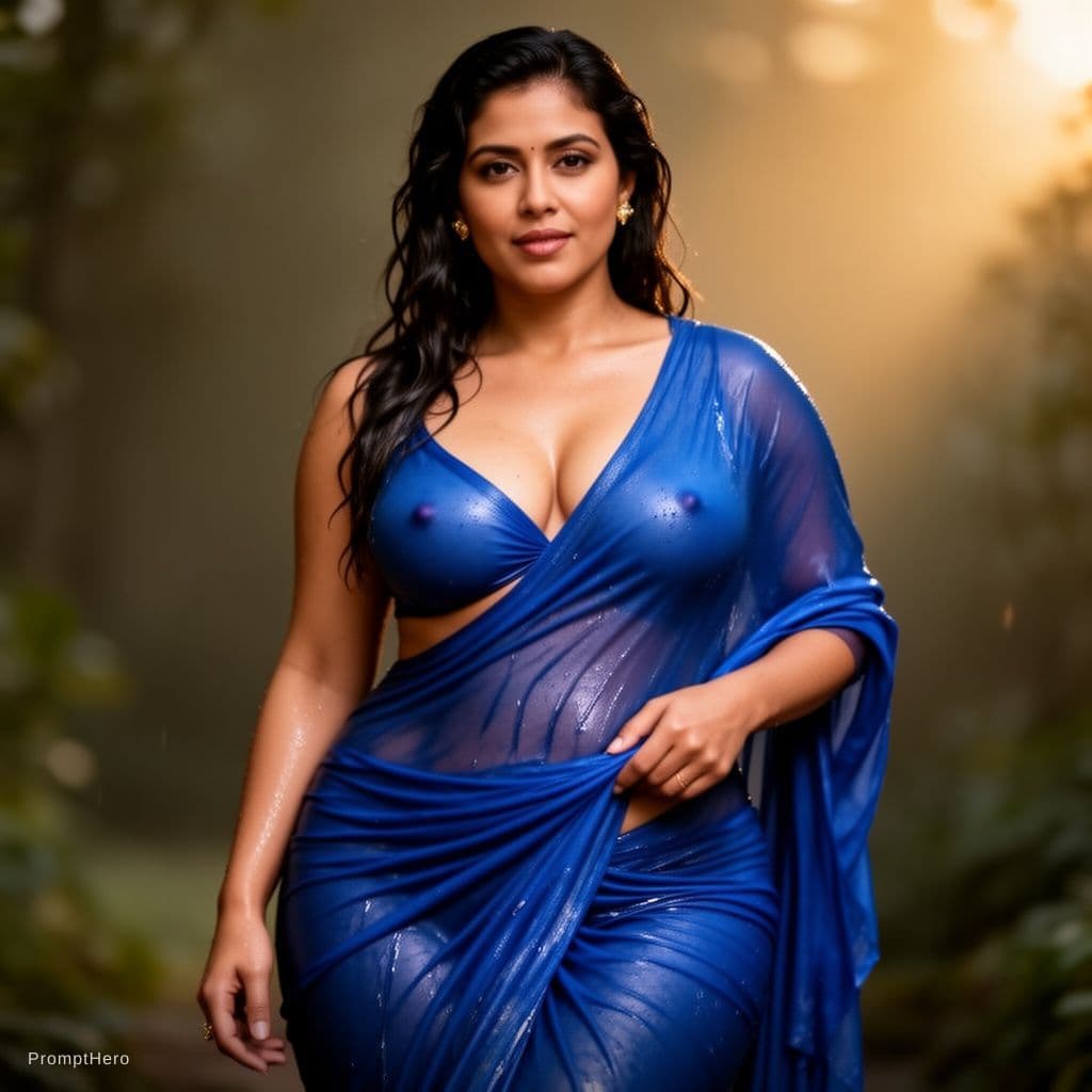 AI generated: Esha Gupta cinematic curvy body wet saree Tait blue without blouse big fake boob and thai sexy pose ...