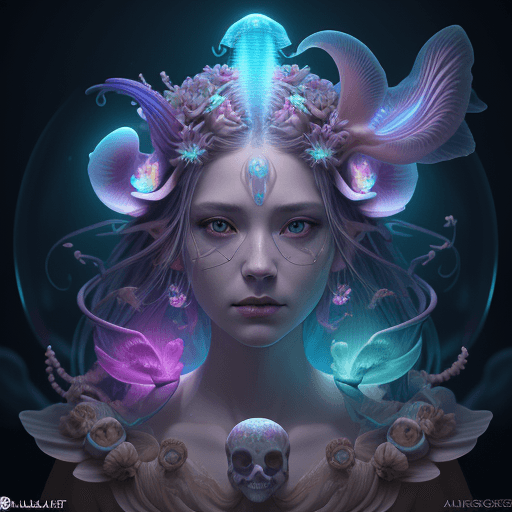 AI generated: Goddess close-up portrait ribcagel. jellyfish phoenix head, nautilus, orchid, skull, betta fish, bio...
