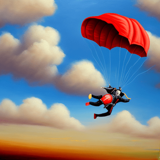 AI generated: Skydiving elephant tied to one red parachute amidst sunny clouds.
Style: oil painting
