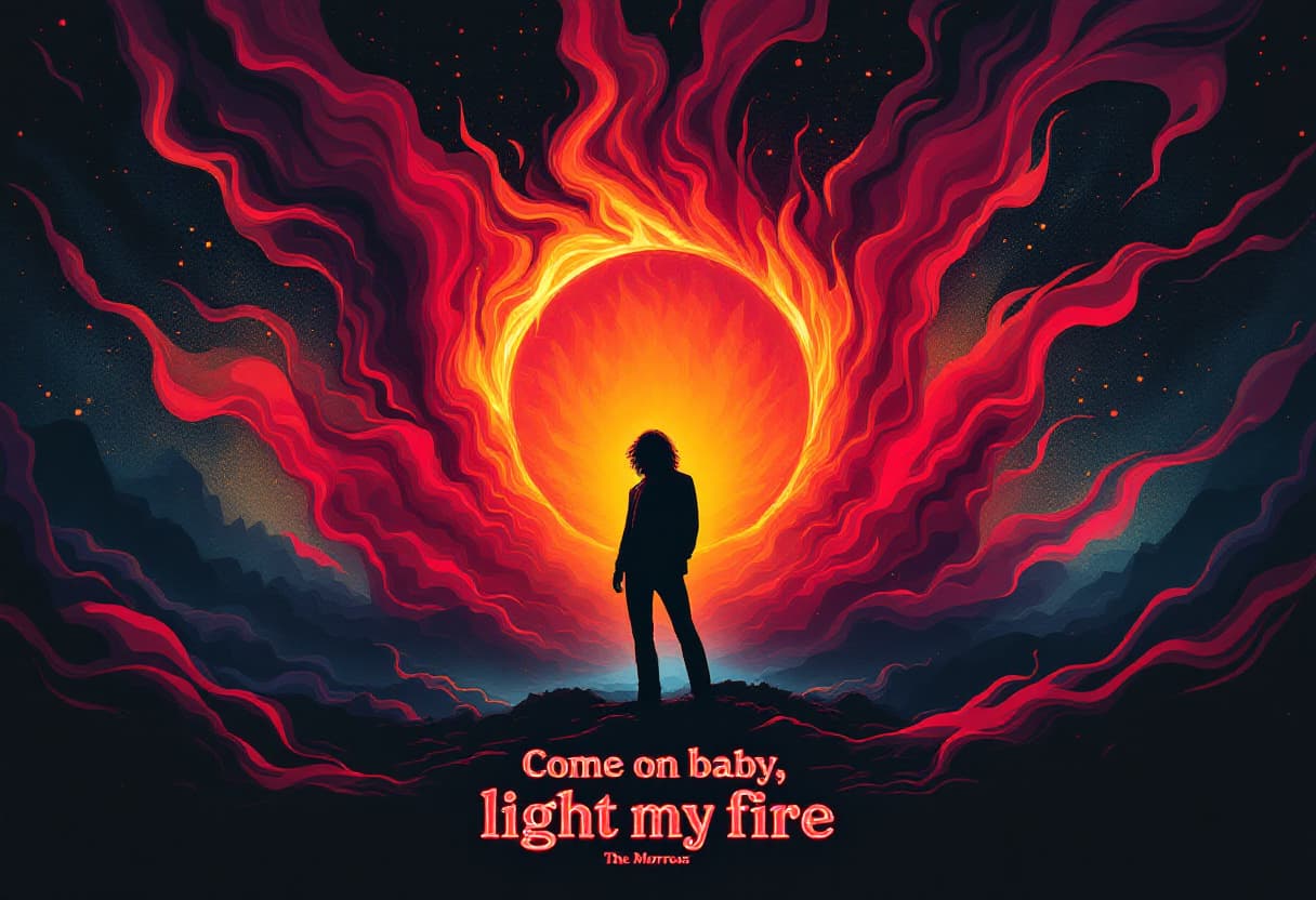 AI generated: "A vibrant, psychedelic poster inspired by 'Light My Fire' by The Doors. The design features swirlin...