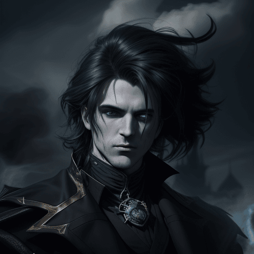 AI generated: (character of video game 1:3)::2 royal, darkness, short windblown hair , Magic the gathering, vibran...