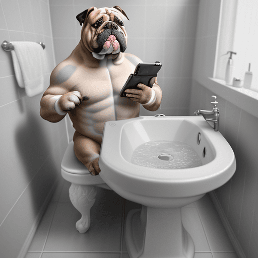AI generated: dog, fantastic english bulldog gray and white color, in the bathroom on the bidet, While sitting on ...